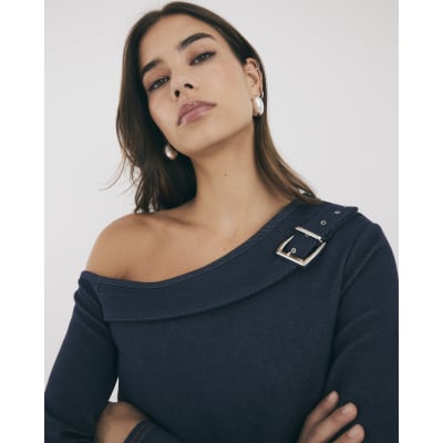 Blue Denim Long Sleeve Asymmetric Belted Top