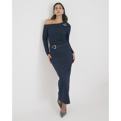 Blue Denim Long Sleeve Asymmetric Belted Top