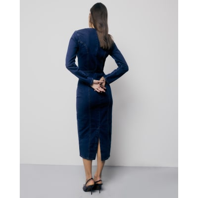 Blue Denim Long Sleeve Belted Bodycon Dress
