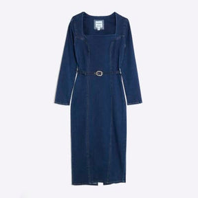 Blue Denim Long Sleeve Belted Bodycon Dress