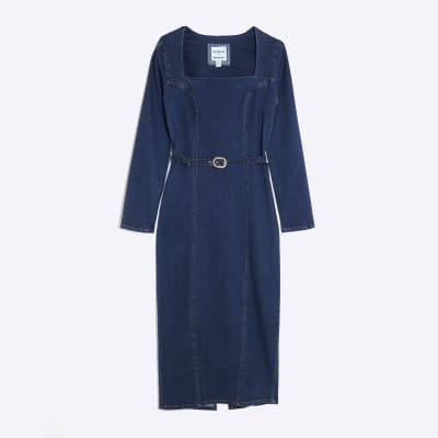 Blue Denim Long Sleeve Belted Bodycon Dress