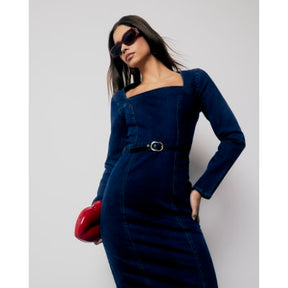 Blue Denim Long Sleeve Belted Bodycon Dress