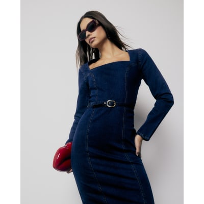 Blue Denim Long Sleeve Belted Bodycon Dress
