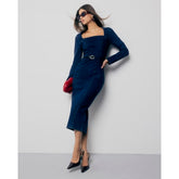 Blue Denim Long Sleeve Belted Bodycon Dress
