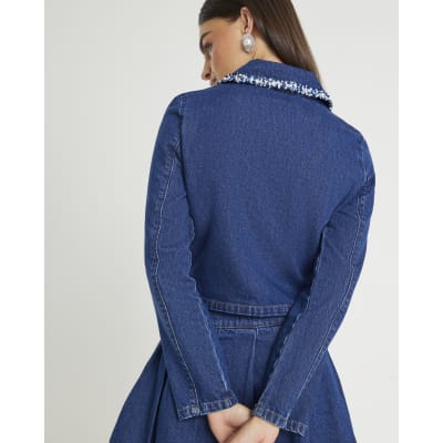 Blue Denim Long Sleeve Boucle Trim Jacket