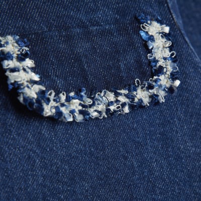 Blue Denim Long Sleeve Boucle Trim Jacket