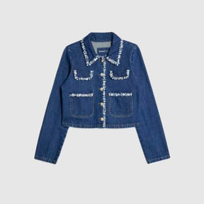 Blue Denim Long Sleeve Boucle Trim Jacket