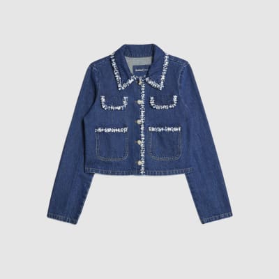 Blue Denim Long Sleeve Boucle Trim Jacket