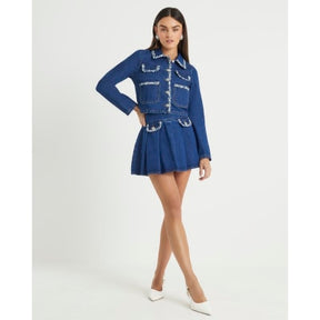 Blue Denim Long Sleeve Boucle Trim Jacket