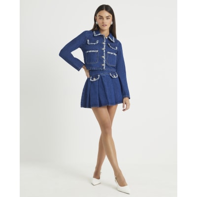 Blue Denim Long Sleeve Boucle Trim Jacket
