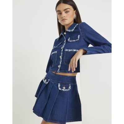 Blue Denim Long Sleeve Boucle Trim Jacket