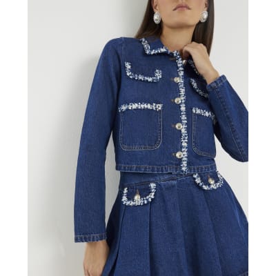 Blue Denim Long Sleeve Boucle Trim Jacket