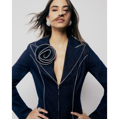 Blue Denim Long Sleeve Diamante Blazer Dress