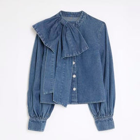 Blue Denim Long Sleeve Pussybow Blouse