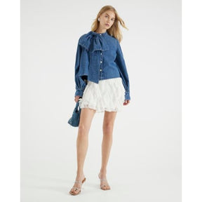 Blue Denim Long Sleeve Pussybow Blouse