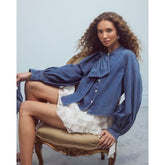 Blue Denim Long Sleeve Pussybow Blouse