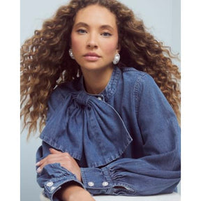 Blue Denim Long Sleeve Pussybow Blouse