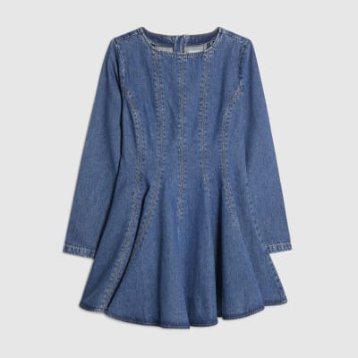 Blue Denim Long Sleeve Seamed Mini Dress