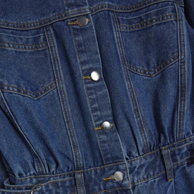 Blue Denim Long Sleeve Waisted Jumpsuit