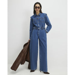 Blue Denim Long Sleeve Waisted Jumpsuit
