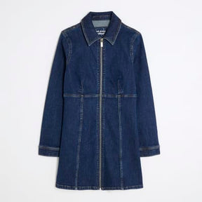 Blue Denim Long Sleeve Zip Front Mini Dress