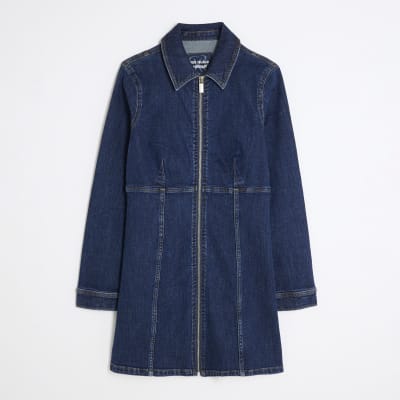 Blue Denim Long Sleeve Zip Front Mini Dress