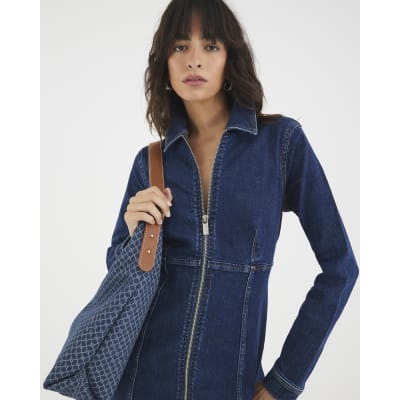 Blue Denim Long Sleeve Zip Front Mini Dress