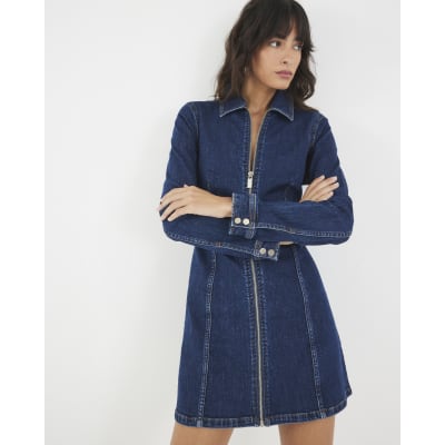 Blue Denim Long Sleeve Zip Front Mini Dress
