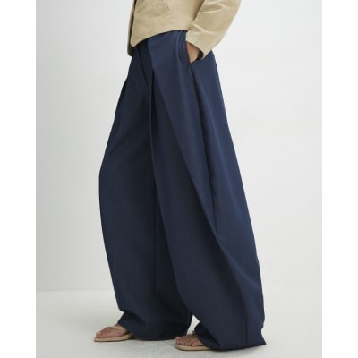 Blue Denim Look Pleated Trousers
