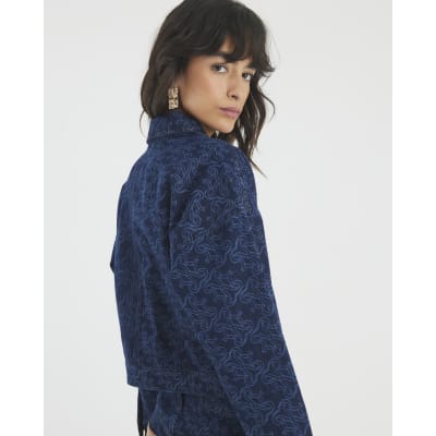Blue Denim Monogram Print Jacket