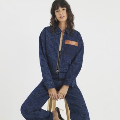 Blue Denim Monogram Print Jacket