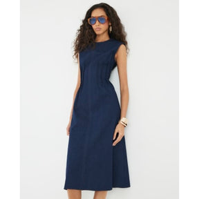 Blue Denim Pintuck Stretch Denim Midi Dress