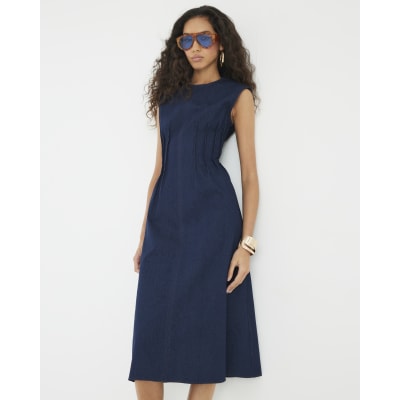 Blue Denim Pintuck Stretch Denim Midi Dress