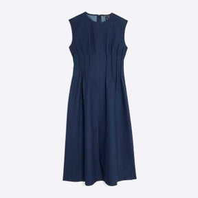 Blue Denim Pintuck Stretch Denim Midi Dress