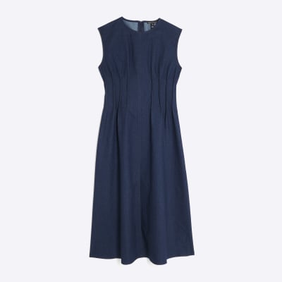 Blue Denim Pintuck Stretch Denim Midi Dress