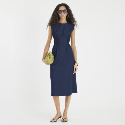 Blue Denim Pintuck Stretch Denim Midi Dress