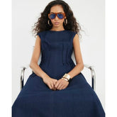 Blue Denim Pintuck Stretch Denim Midi Dress