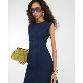 Blue Denim Pintuck Stretch Denim Midi Dress