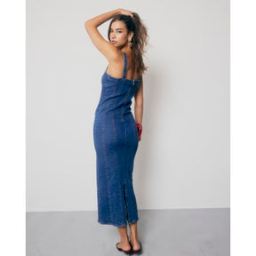 Blue Denim Plunge Neckline Bodycon Maxi Dress