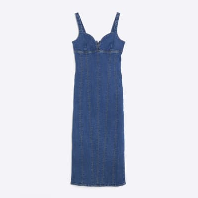 Blue Denim Plunge Neckline Bodycon Maxi Dress