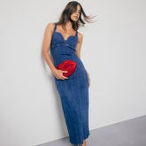 Blue Denim Plunge Neckline Bodycon Maxi Dress