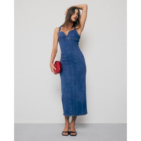 Blue Denim Plunge Neckline Bodycon Maxi Dress