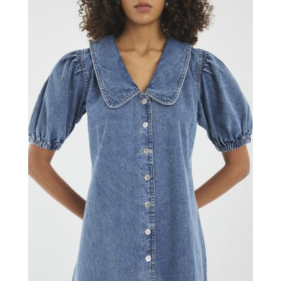 Blue Denim Short Sleeve Collared Shirt Dress
