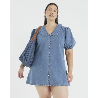 Blue Denim Short Sleeve Collared Shirt Dress