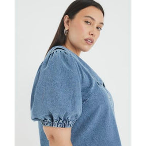 Blue Denim Short Sleeve Collared Shirt Dress