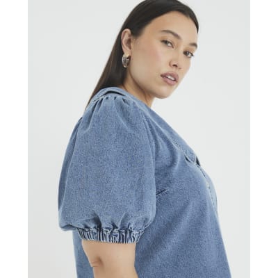 Blue Denim Short Sleeve Collared Shirt Dress