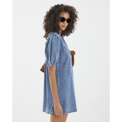 Blue Denim Short Sleeve Collared Shirt Dress