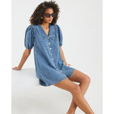 Blue Denim Short Sleeve Collared Shirt Dress