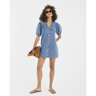 Blue Denim Short Sleeve Collared Shirt Dress