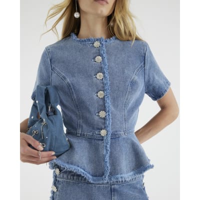 Blue Denim Short Sleeve Peplum Jacket
